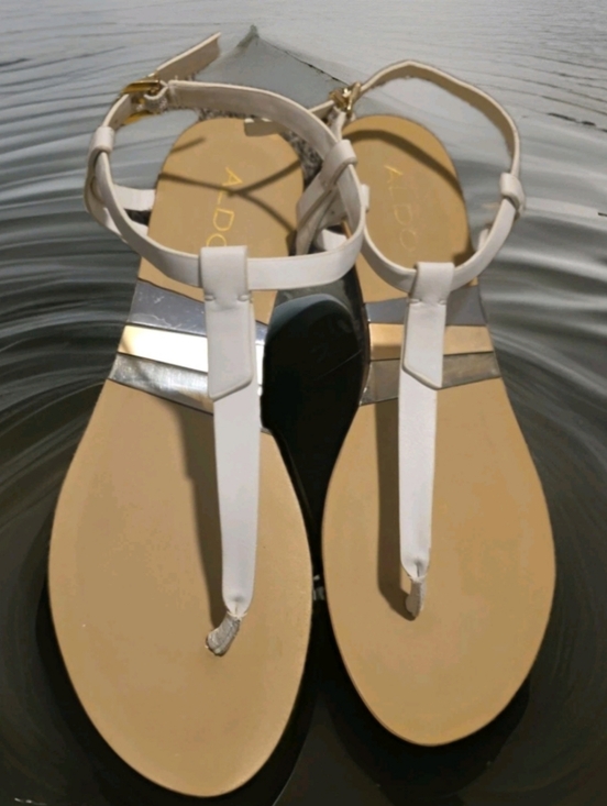 Aldo Shoes - White Aldo T-strap adjustmentable strap Sandals &gold/silver accents On Footbed